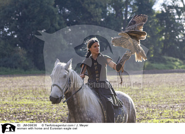 woman with horse and Eurasian eagle owl / JM-09836
