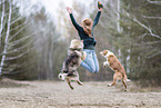 woman jumps with dogs in the air