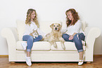 womans with Domestic Cat and Golden Retriever