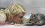 woman with Egyptian-Mau-British-Shorthair