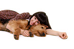 young woman with Airedale Terrier