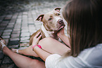 woman and American Pit Bull