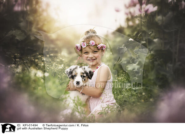 girl with Australian Shepherd Puppy / KFI-01494