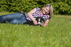 woman with Australian Shepherd Puppy