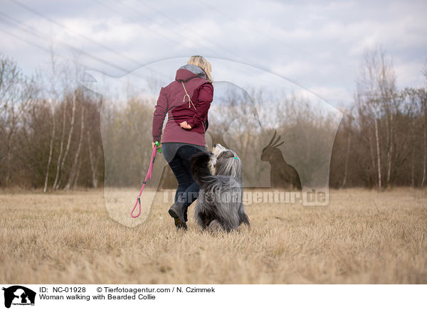 Frau geht mit Bearded Collie spazieren / Woman walking with Bearded Collie / NC-01928
