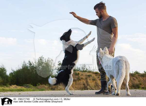 Mann mit Border Collie und Weier Schferhund / man with Border Collie and White Shepherd / CM-01748