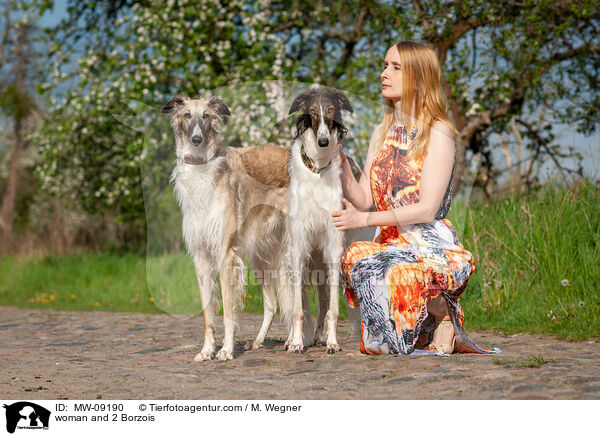 Frau und 2 Barsois / woman and 2 Borzois / MW-09190