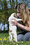 woman with Continental Bulldog Puppy