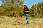 woman and German Boxer