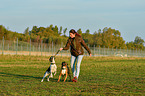 woman and 2 dogs