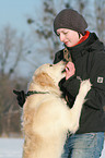 woman and Golden Retriever in snow