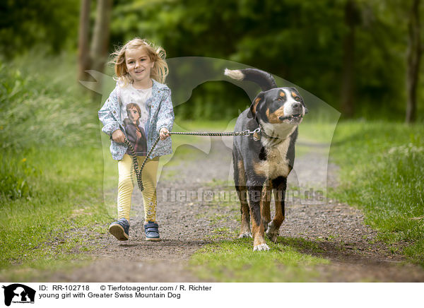junges Mdchen mit Groem Schweizer Sennenhund / young girl with Greater Swiss Mountain Dog / RR-102718