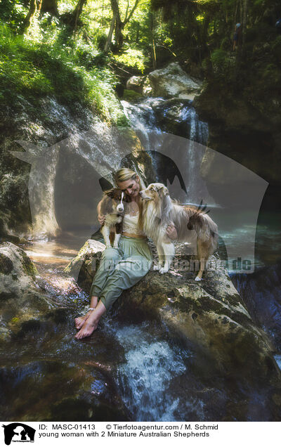 young woman with 2 Miniature Australian Shepherds / MASC-01413