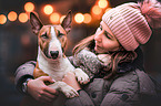 woman with  Miniature Bull Terrier