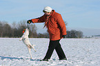 woman plays with Parson Russell Terrier in the snow