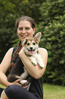 woman with Welsh Corgi Cardigan Puppy