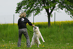 woman and white swiss shepherd