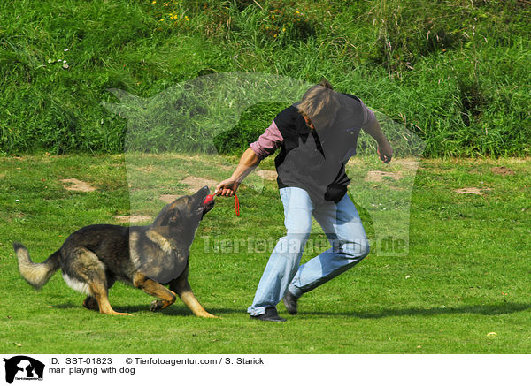 Mann spielt mit Hund / man playing with dog / SST-01823