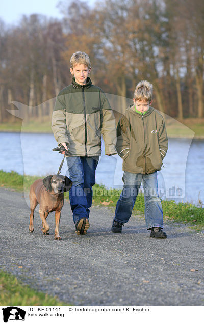 Kinder gehen Gassi mit Hund / kids walk a dog / KF-01141