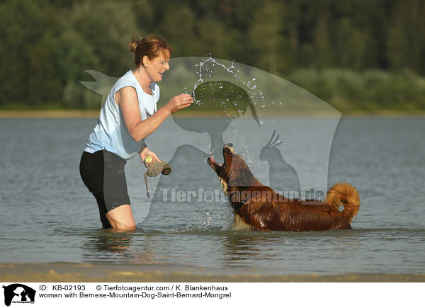 Frau mit Berner-Sennenhund-Bernhardiner-Mischling / woman with Bernese-Mountain-Dog-Saint-Bernard-Mongrel / KB-02193