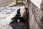 woman and Labrador-Pitbull-Mongel