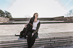 woman and Labrador-Pitbull-Mongel