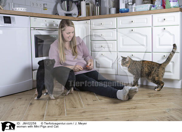 Frau mit Minischweinen und Katze / woman with Mini Pigs and Cat / JM-02258