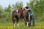 man and American Paint Horse