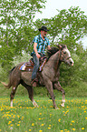 man rides American Paint Horse