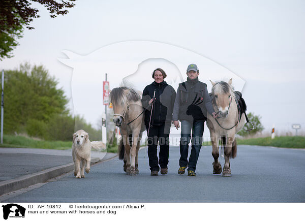 Mann und Frau mit Pferden und Hund / man and woman with horses and dog / AP-10812