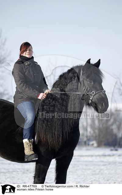 Frau reitet Friese / woman rides Frisian horse / RR-47769