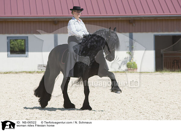 Frau reitet Friese / woman rides Friesian horse / NS-06522