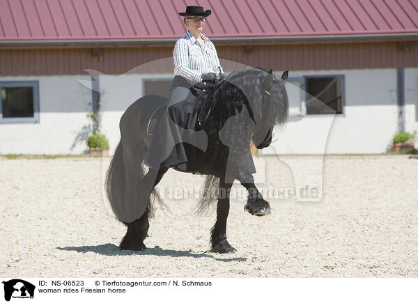 Frau reitet Friese / woman rides Friesian horse / NS-06523