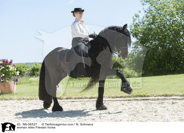 Frau reitet Friese / woman rides Friesian horse / NS-06527