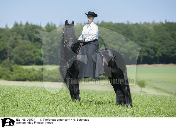 Frau reitet Friese / woman rides Friesian horse / NS-06534