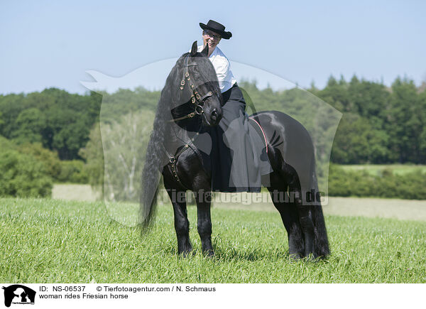 Frau reitet Friese / woman rides Friesian horse / NS-06537