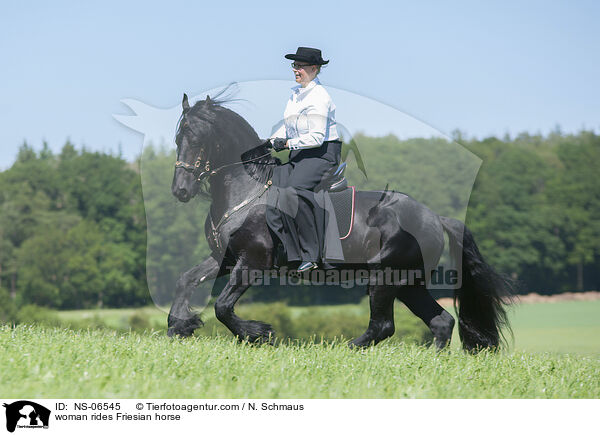 Frau reitet Friese / woman rides Friesian horse / NS-06545