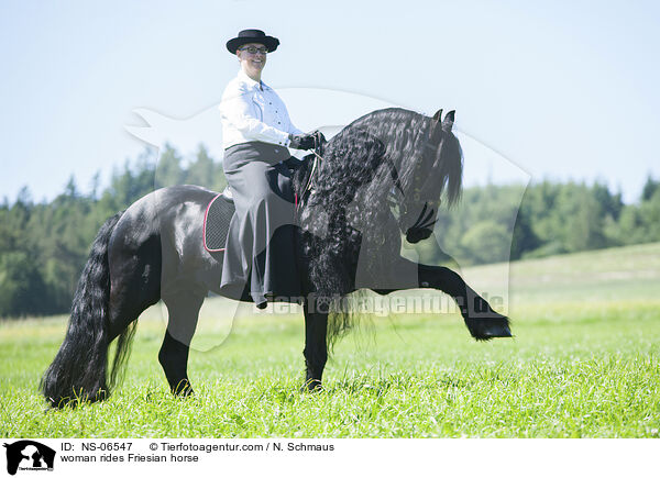 Frau reitet Friese / woman rides Friesian horse / NS-06547