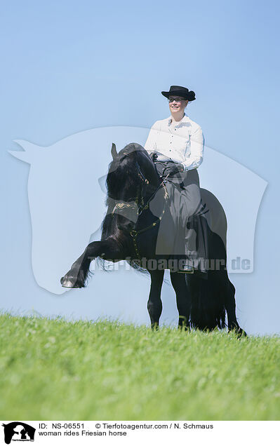 Frau reitet Friese / woman rides Friesian horse / NS-06551