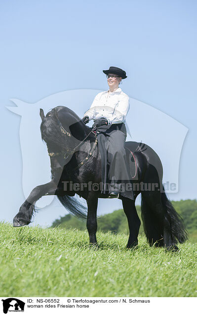 Frau reitet Friese / woman rides Friesian horse / NS-06552