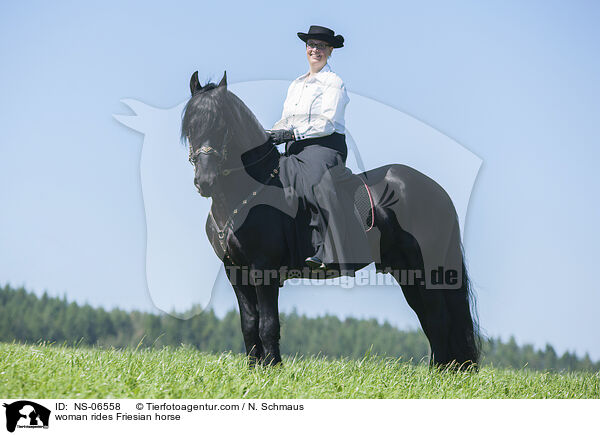 Frau reitet Friese / woman rides Friesian horse / NS-06558