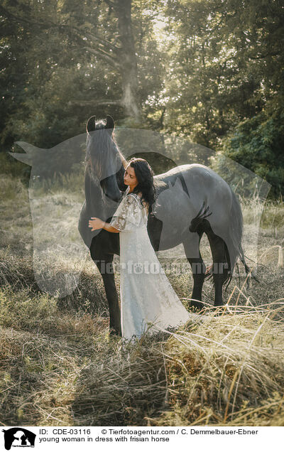young woman in dress with frisian horse / CDE-03116