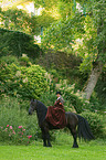 horsewoman with friesian horse and hawk