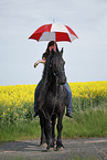 woman rides Frisian horse