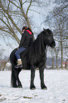 woman rides Frisian horse