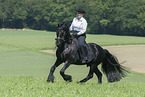 woman rides Friesian horse