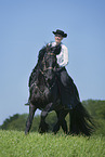 woman rides Friesian horse