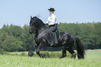 woman rides Friesian horse