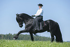 woman rides Friesian horse