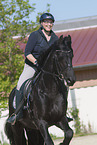 woman rides Friesian horse